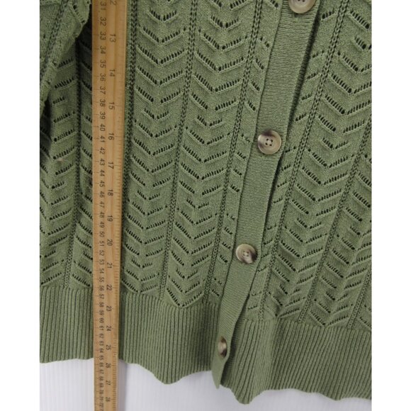 LL Bean Sweater Large Olive Cardigan Pointelle Button Up Scoop Neck - Picture 4 of 10